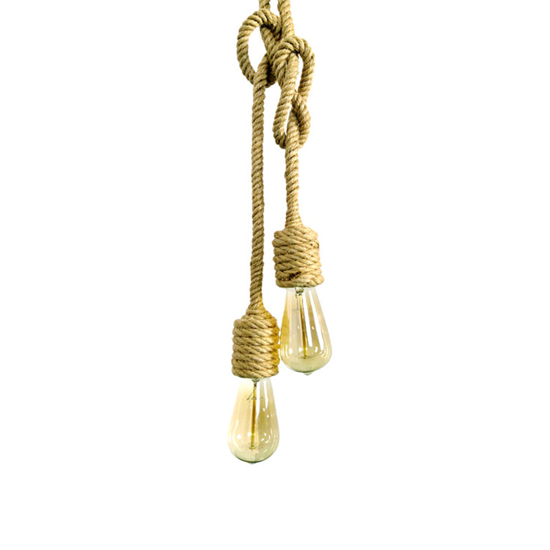 2 Lights Knots Rope Hanging Lighting Vintage Beige Exposed Bulb Living Room Cluster Pendant Lamp Clearhalo 'Ceiling Lights' 'Industrial Pendants' 'Industrial' 'Middle Century Pendants' 'Pendant Lights' 'Pendants' 'Tiffany' Lighting' 493717