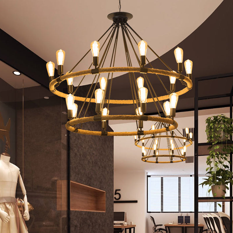 2-Tier Ring Rope Hanging Chandelier Industrial 18 Lights Restaurant Ceiling Pendant Lamp in Beige Beige Clearhalo 'Ceiling Lights' 'Chandeliers' 'Industrial Chandeliers' 'Industrial' 'Middle Century Chandeliers' 'Tiffany' Lighting' 493730