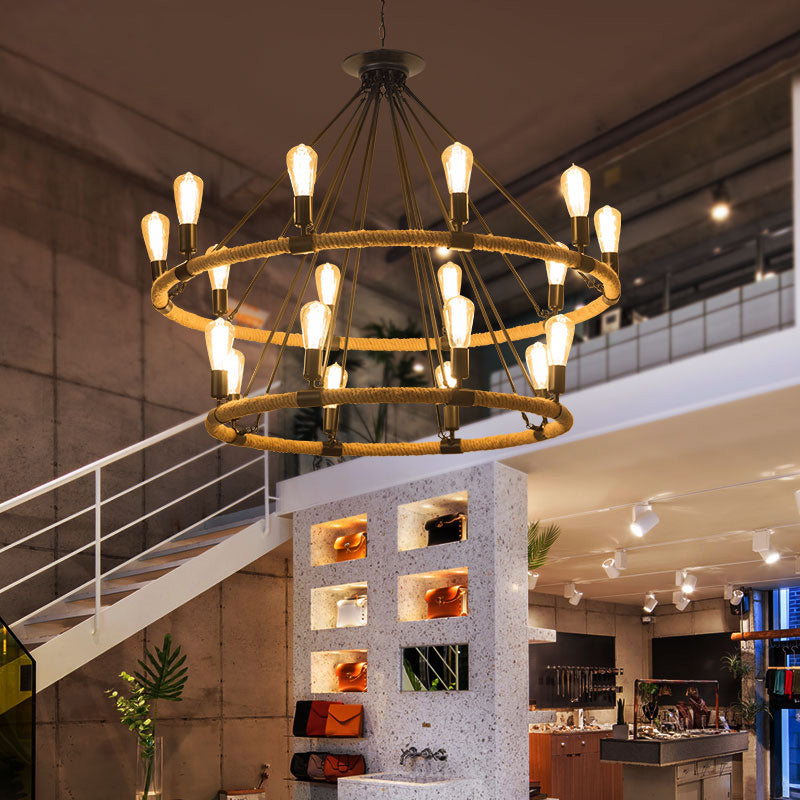 2-Tier Ring Rope Hanging Chandelier Industrial 18 Lights Restaurant Ceiling Pendant Lamp in Beige Clearhalo 'Ceiling Lights' 'Chandeliers' 'Industrial Chandeliers' 'Industrial' 'Middle Century Chandeliers' 'Tiffany' Lighting' 493731