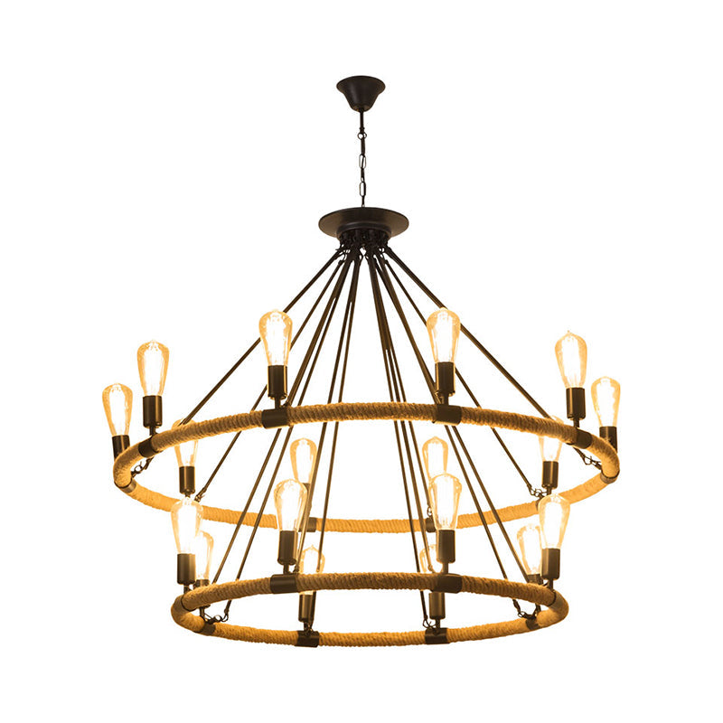 2-Tier Ring Rope Hanging Chandelier Industrial 18 Lights Restaurant Ceiling Pendant Lamp in Beige Clearhalo 'Ceiling Lights' 'Chandeliers' 'Industrial Chandeliers' 'Industrial' 'Middle Century Chandeliers' 'Tiffany' Lighting' 493733