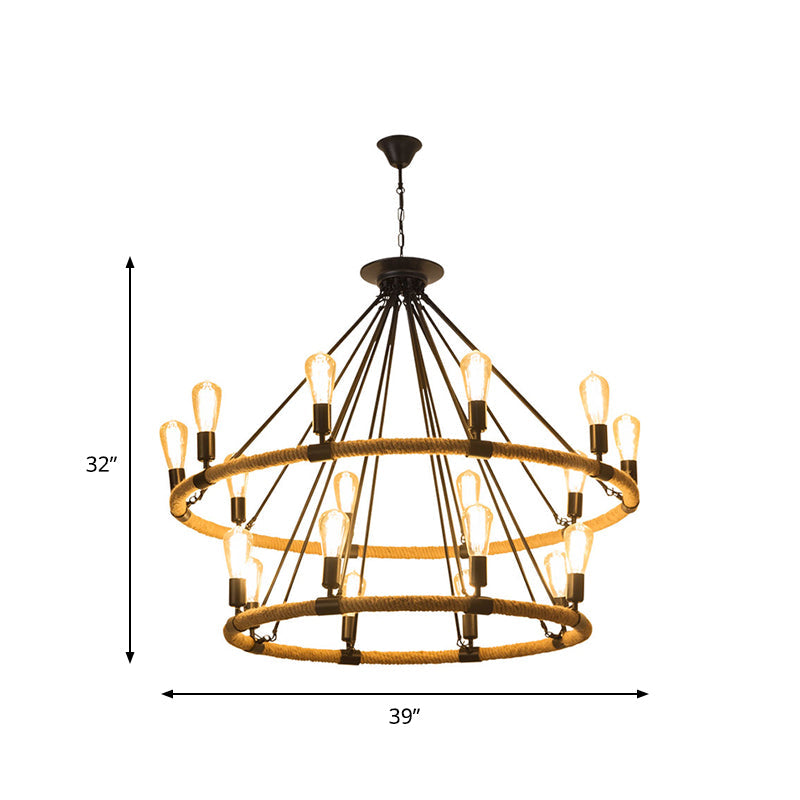 2-Tier Ring Rope Hanging Chandelier Industrial 18 Lights Restaurant Ceiling Pendant Lamp in Beige Clearhalo 'Ceiling Lights' 'Chandeliers' 'Industrial Chandeliers' 'Industrial' 'Middle Century Chandeliers' 'Tiffany' Lighting' 493734