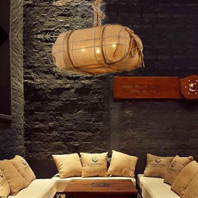 Rope Explosive Package Pendant Countryside 3 Bulbs Restaurant Fabric Chandelier Light in Beige Beige Clearhalo 'Ceiling Lights' 'Chandeliers' 'Industrial Chandeliers' 'Industrial' 'Middle Century Chandeliers' 'Tiffany' Lighting' 493753