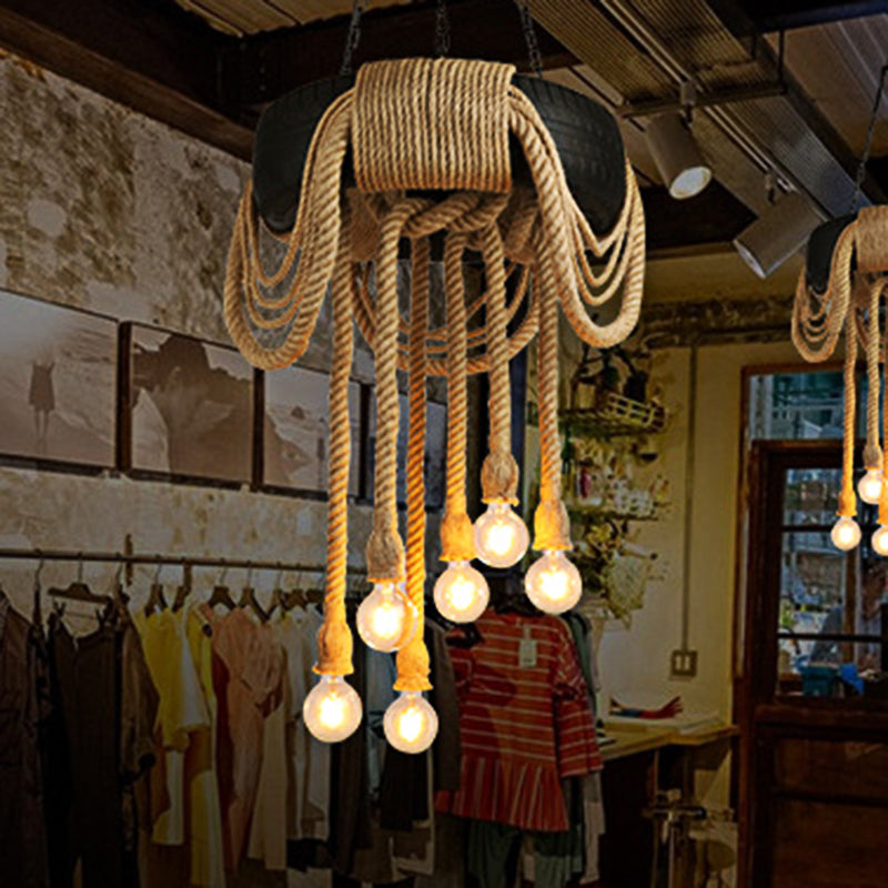 6 Lights Bare Bulb Pendant Chandelier Industrial Beige Rope Ceiling Lamp with Tyre Design Clearhalo 'Ceiling Lights' 'Chandeliers' 'Industrial Chandeliers' 'Industrial' 'Middle Century Chandeliers' 'Tiffany' Lighting' 493801