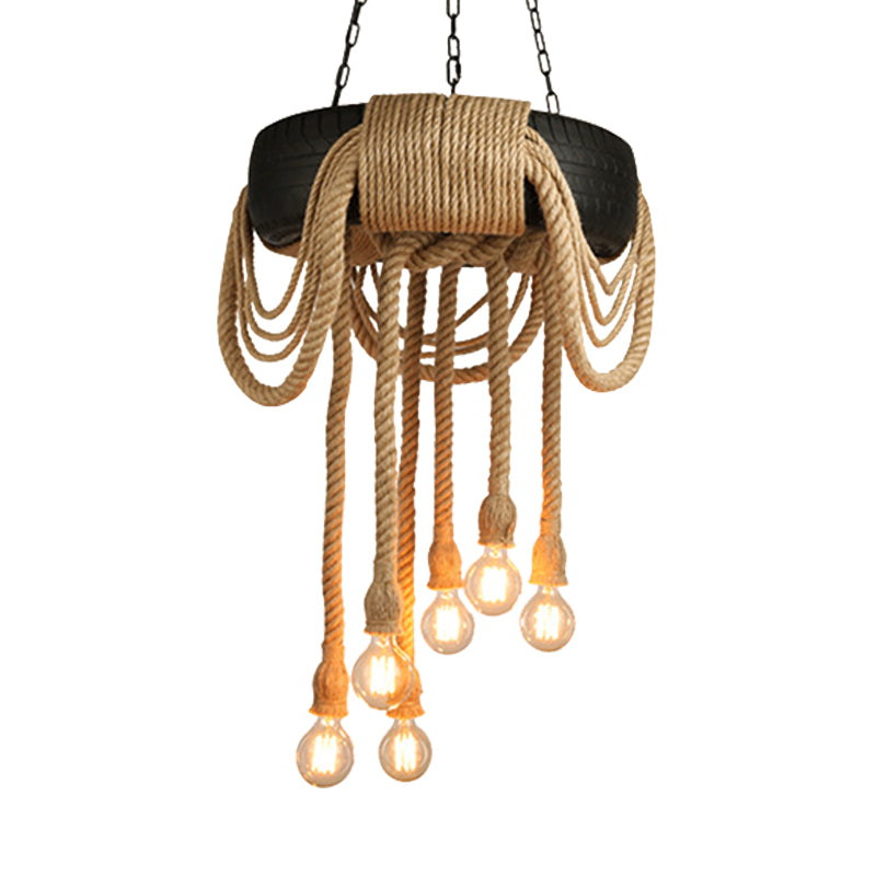 6 Lights Bare Bulb Pendant Chandelier Industrial Beige Rope Ceiling Lamp with Tyre Design Clearhalo 'Ceiling Lights' 'Chandeliers' 'Industrial Chandeliers' 'Industrial' 'Middle Century Chandeliers' 'Tiffany' Lighting' 493802