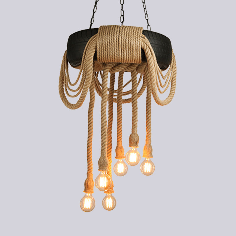 6 Lights Bare Bulb Pendant Chandelier Industrial Beige Rope Ceiling Lamp with Tyre Design Clearhalo 'Ceiling Lights' 'Chandeliers' 'Industrial Chandeliers' 'Industrial' 'Middle Century Chandeliers' 'Tiffany' Lighting' 493803