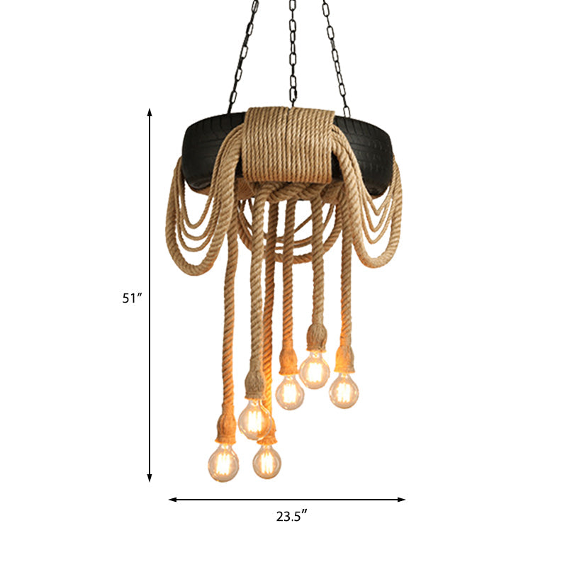 6 Lights Bare Bulb Pendant Chandelier Industrial Beige Rope Ceiling Lamp with Tyre Design Clearhalo 'Ceiling Lights' 'Chandeliers' 'Industrial Chandeliers' 'Industrial' 'Middle Century Chandeliers' 'Tiffany' Lighting' 493804