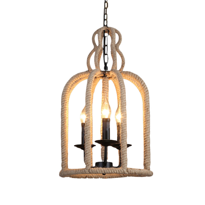 Beige 3 Heads Chandelier Light Industrial Rope Bird Cage Ceiling Pendant Lamp for Coffee Shop Clearhalo 'Ceiling Lights' 'Chandeliers' 'Industrial Chandeliers' 'Industrial' 'Middle Century Chandeliers' 'Tiffany' Lighting' 493808