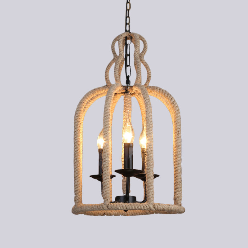 Beige 3 Heads Chandelier Light Industrial Rope Bird Cage Ceiling Pendant Lamp for Coffee Shop Clearhalo 'Ceiling Lights' 'Chandeliers' 'Industrial Chandeliers' 'Industrial' 'Middle Century Chandeliers' 'Tiffany' Lighting' 493809