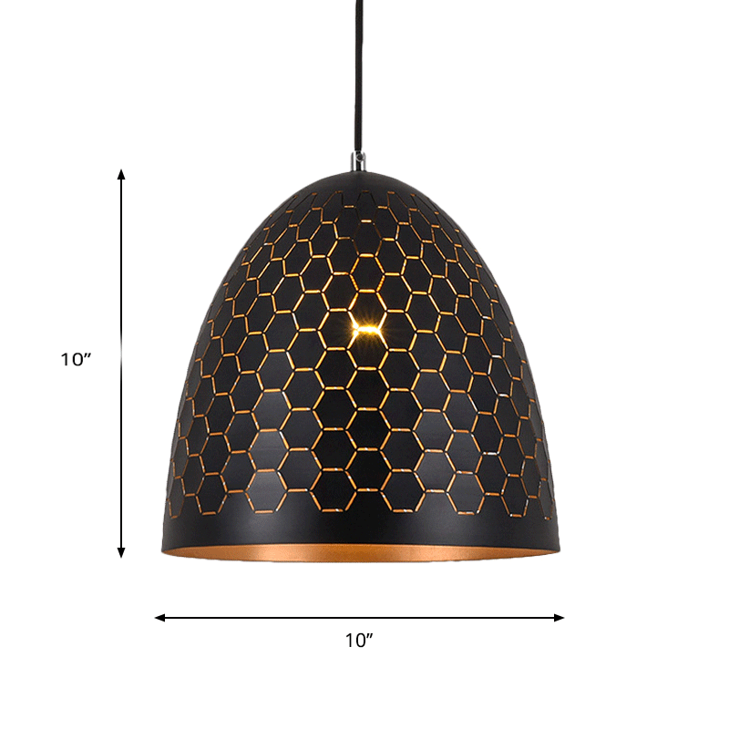 1 Bulb Domed Drop Pendant Factory Black Metal Suspension Light with Honeycomb Pattern, 10