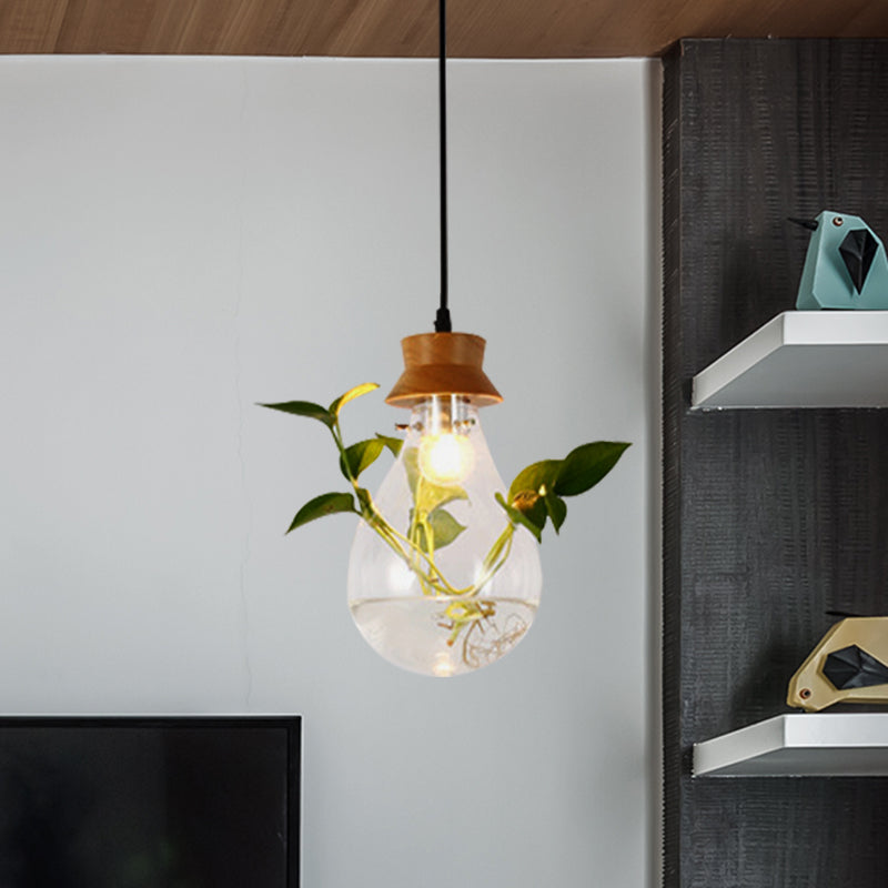 Wooden Black Plant Hanging Lamp Bulb Shaped 1 Light Vintage LED Suspension Pendant for Restaurant Clearhalo 'Ceiling Lights' 'Industrial Pendants' 'Industrial' 'Middle Century Pendants' 'Pendant Lights' 'Pendants' 'Tiffany' Lighting' 503871