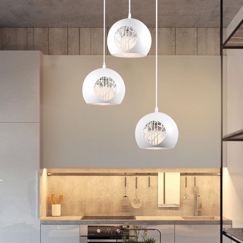 Modernist Global Multi Light Pendant Iron 3-Light Dining Room Hanging Lamp in White with Laser Cut Bamboo Pattern Clearhalo 'Ceiling Lights' 'Modern Pendants' 'Modern' 'Pendant Lights' 'Pendants' Lighting' 506315