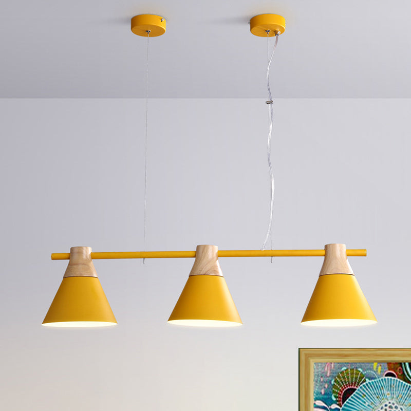 Cone Dining Room Suspension Light Iron 3 Bulbs Modern Multi Lamp Pendant in Yellow/Blue/Green with Linear Design Yellow Clearhalo 'Ceiling Lights' 'Modern Pendants' 'Modern' 'Pendant Lights' 'Pendants' Lighting' 506328