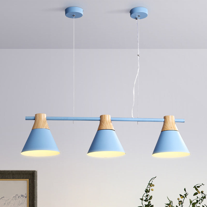 Cone Dining Room Suspension Light Iron 3 Bulbs Modern Multi Lamp Pendant in Yellow/Blue/Green with Linear Design Blue Clearhalo 'Ceiling Lights' 'Modern Pendants' 'Modern' 'Pendant Lights' 'Pendants' Lighting' 506331