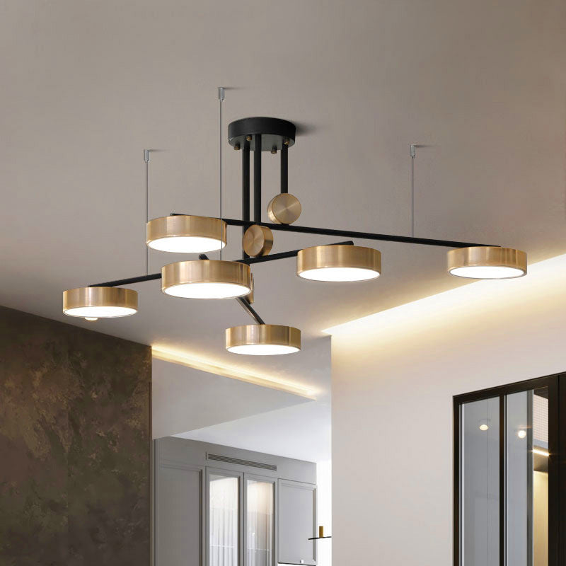 Modernist 6-Head Multi Lamp Pendant with Metal Shade Black and Gold Small Drum Suspension Light Black Clearhalo 'Ceiling Lights' 'Modern Pendants' 'Modern' 'Pendant Lights' 'Pendants' Lighting' 506374