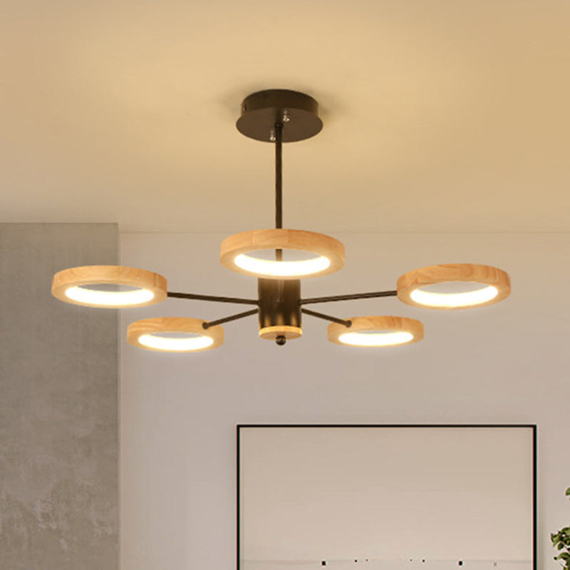 Wood Sputnik Chandelier Pendant Light Modern 3/5/6 Lights Black Led Hanging Ceiling Lamp in Natural Light Clearhalo 'Ceiling Lights' 'Chandeliers' Lighting' options 506458