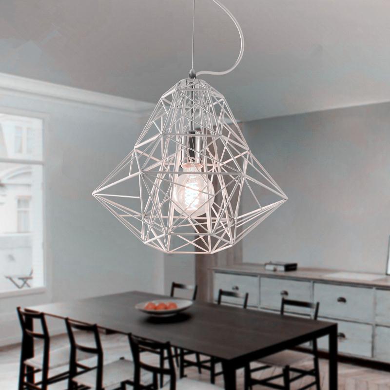 Industrial Cage Diamond Pendant Lighting 1 Head Metallic Hanging Lamp in Black/White for Dining Room, 16