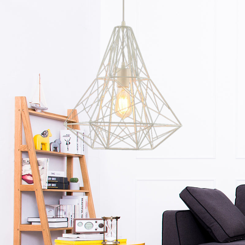 Industrial Cage Diamond Pendant Lighting 1 Head Metallic Hanging Lamp in Black/White for Dining Room, 16