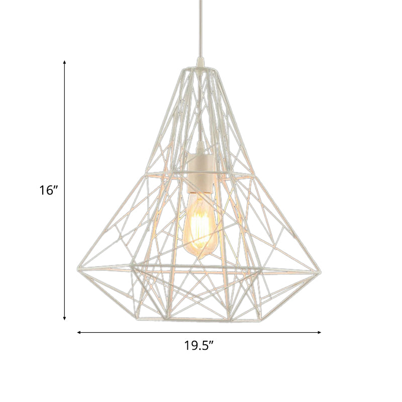 Industrial Cage Diamond Pendant Lighting 1 Head Metallic Hanging Lamp in Black/White for Dining Room, 16