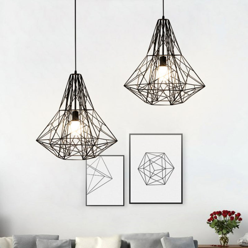 Industrial Cage Diamond Pendant Lighting 1 Head Metallic Hanging Lamp in Black/White for Dining Room, 16