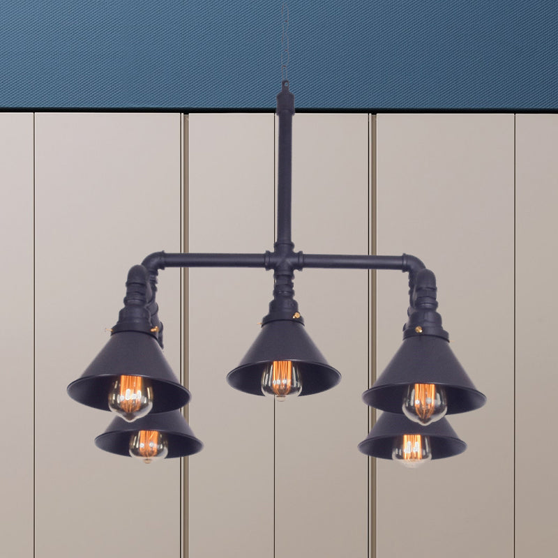 Metal Cone Pendant Chandelier Farmhouse 5-Bulb Living Room Ceiling Hang Fixture in Black/Bronze Black Clearhalo 'Cast Iron' 'Ceiling Lights' 'Chandeliers' 'Industrial Chandeliers' 'Industrial' 'Metal' 'Middle Century Chandeliers' 'Rustic Chandeliers' 'Tiffany' Lighting' 510744