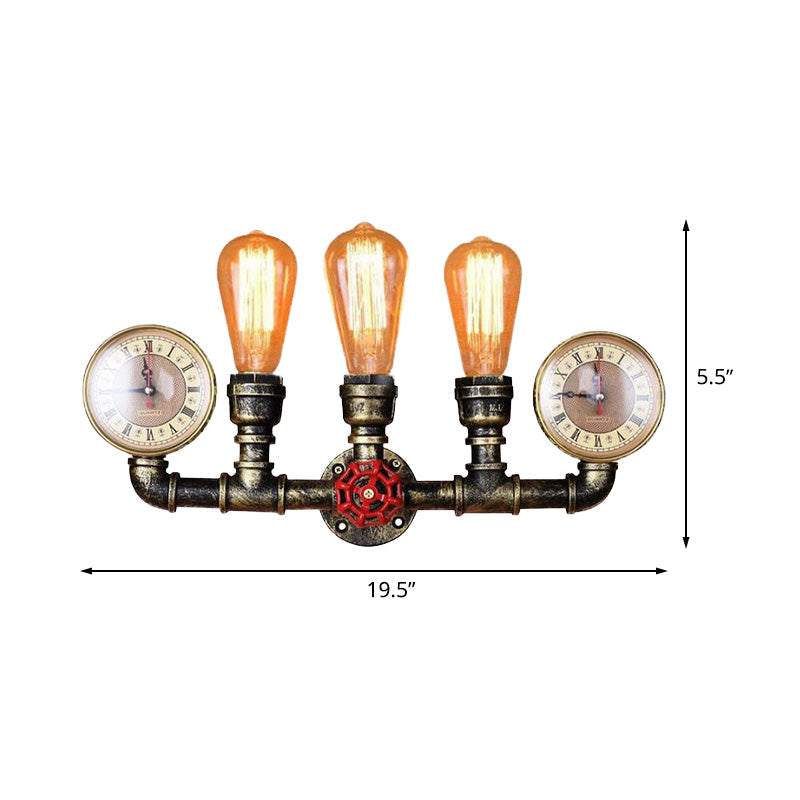 3-Head Iron Wall Lighting Industrial Brass Bare Bulb Hallway Wall Mount Pipe Lamp with Valve and Gauge Deco Clearhalo 'Art deco wall lights' 'Cast Iron' 'Glass' 'Industrial wall lights' 'Industrial' 'Middle century wall lights' 'Modern' 'Rustic wall lights' 'Tiffany' 'Traditional wall lights' 'Wall Lamps & Sconces' 'Wall Lights' Lighting' 510785