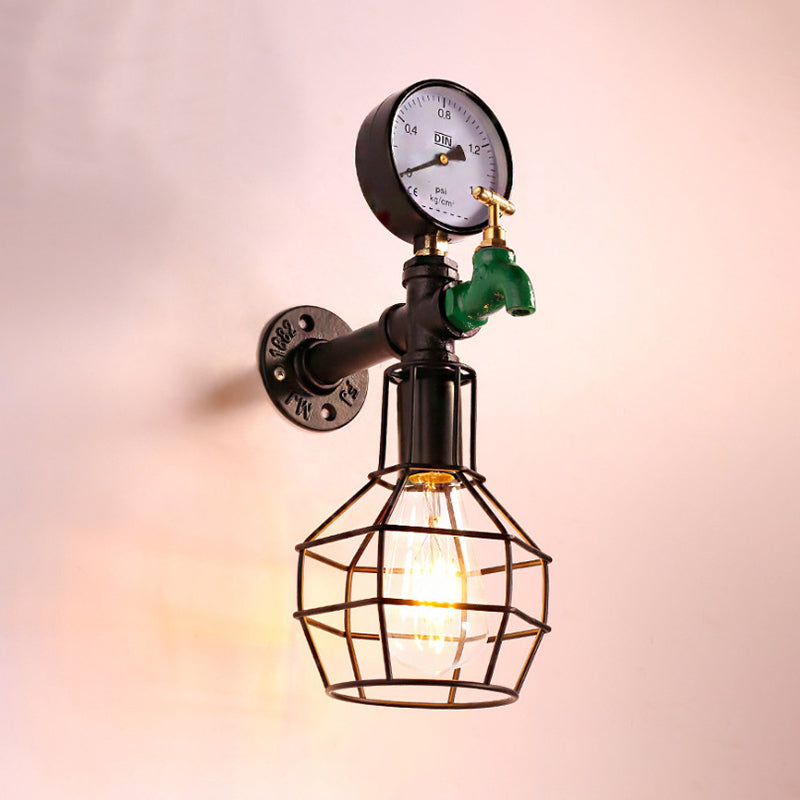 Vintage Wire Cage Wall Sconce Light 1 Bulb Metal Wall Mounted Lamp Fixture in Black with Water Tap and Gauge Deco Clearhalo 'Art deco wall lights' 'Cast Iron' 'Glass' 'Industrial wall lights' 'Industrial' 'Middle century wall lights' 'Modern' 'Rustic wall lights' 'Tiffany' 'Traditional wall lights' 'Wall Lamps & Sconces' 'Wall Lights' Lighting' 510829