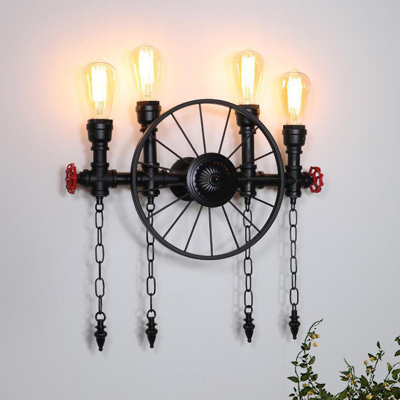 Wheel Metal Wall Lighting Fixture Farmhouse 4-Light Corridor Wall Mount Sconce in Black with Chain Clearhalo 'Art deco wall lights' 'Cast Iron' 'Glass' 'Industrial wall lights' 'Industrial' 'Middle century wall lights' 'Modern' 'Rustic wall lights' 'Tiffany' 'Traditional wall lights' 'Wall Lamps & Sconces' 'Wall Lights' Lighting' 510847
