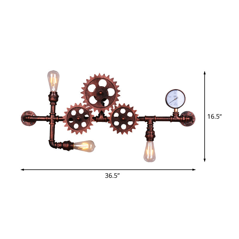 Rust Gear Shape Sconce Lamp Industrial Metallic 3 Bulbs Living Room Wall Mount Light with Linear Design Clearhalo 'Art deco wall lights' 'Cast Iron' 'Glass' 'Industrial wall lights' 'Industrial' 'Middle century wall lights' 'Modern' 'Rustic wall lights' 'Tiffany' 'Traditional wall lights' 'Wall Lamps & Sconces' 'Wall Lights' Lighting' 510855