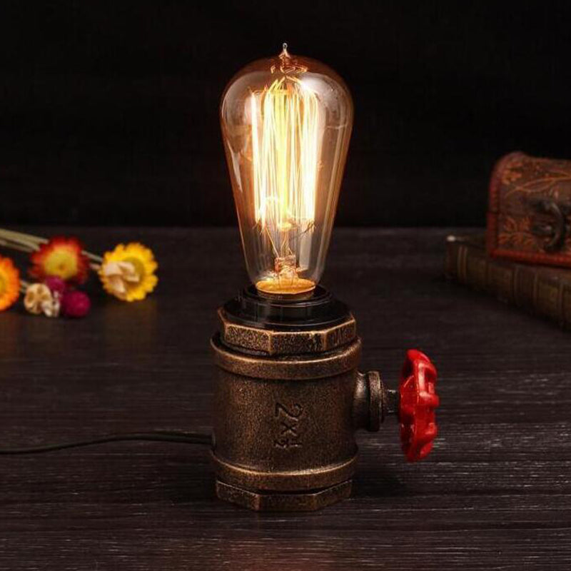 1 Head Metal Night Table Light Industrial Rust Finish Bare Bulb Bedroom Task Lamp with Valve Deco Clearhalo 'Lamps' 'Table Lamps' Lighting' 510874