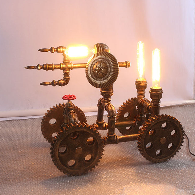 3-Light Iron Nightstand Light Industrial Brass Finish War Chariot Shaped Coffee House Table Lamp with Plug-In Cord Clearhalo 'Lamps' 'Table Lamps' Lighting' 510914