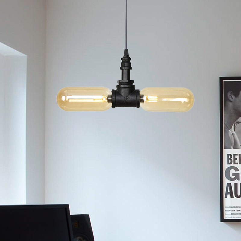 Amber Glass Black Suspension Light Pill Capsule 2-Light Industrial LED Chandelier Pendant Lamp Black C Clearhalo 'Cast Iron' 'Ceiling Lights' 'Chandeliers' 'Industrial Chandeliers' 'Industrial' 'Metal' 'Middle Century Chandeliers' 'Rustic Chandeliers' 'Tiffany' Lighting' 511014