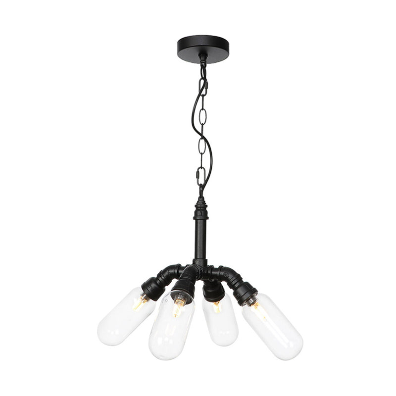 Vintage Water Pipe Chandelier Pendant Light 2/3/4-Light Iron LED Hanging Ceiling Lamp in Black with Capsule Clear Glass Shade 4 Black Clearhalo 'Cast Iron' 'Ceiling Lights' 'Chandeliers' 'Industrial Chandeliers' 'Industrial' 'Metal' 'Middle Century Chandeliers' 'Rustic Chandeliers' 'Tiffany' Lighting' 511061