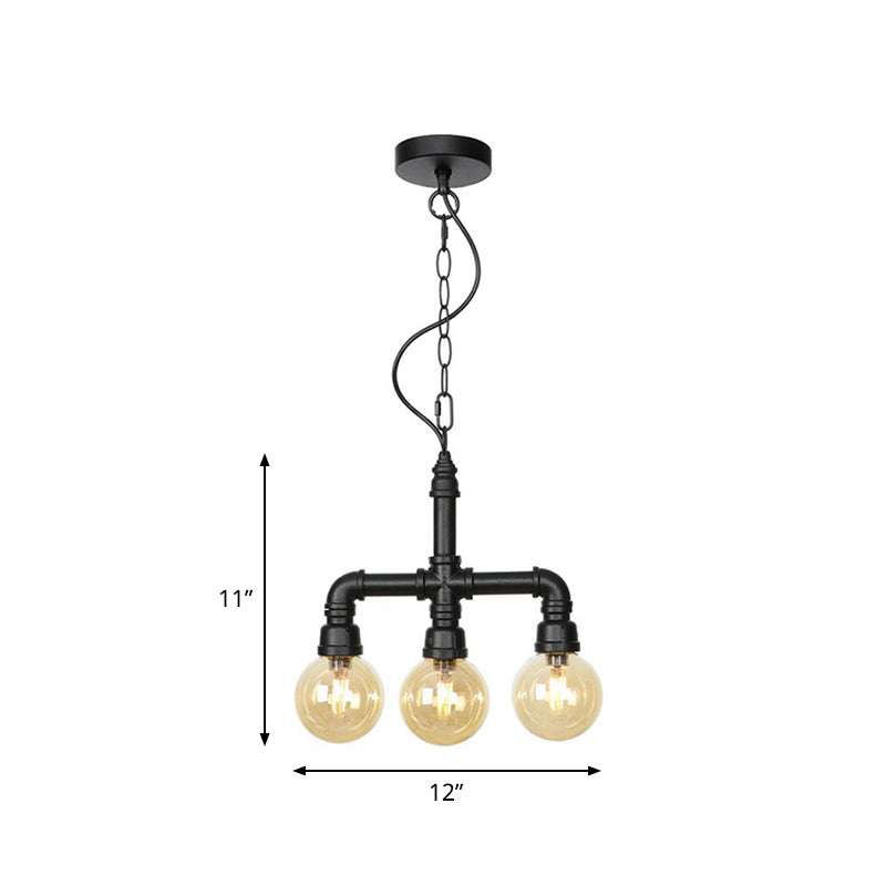 Ball Amber Glass Pendant Light Industrial 3/4 Lights Restaurant LED Ceiling Chandelier in Black with Pipe Arm Clearhalo 'Ceiling Lights' 'Chandeliers' 'Glass shade' 'Glass' 'Industrial Chandeliers' 'Industrial' 'Middle Century Chandeliers' 'Pendant Lights' 'Tiffany' Lighting' 511159