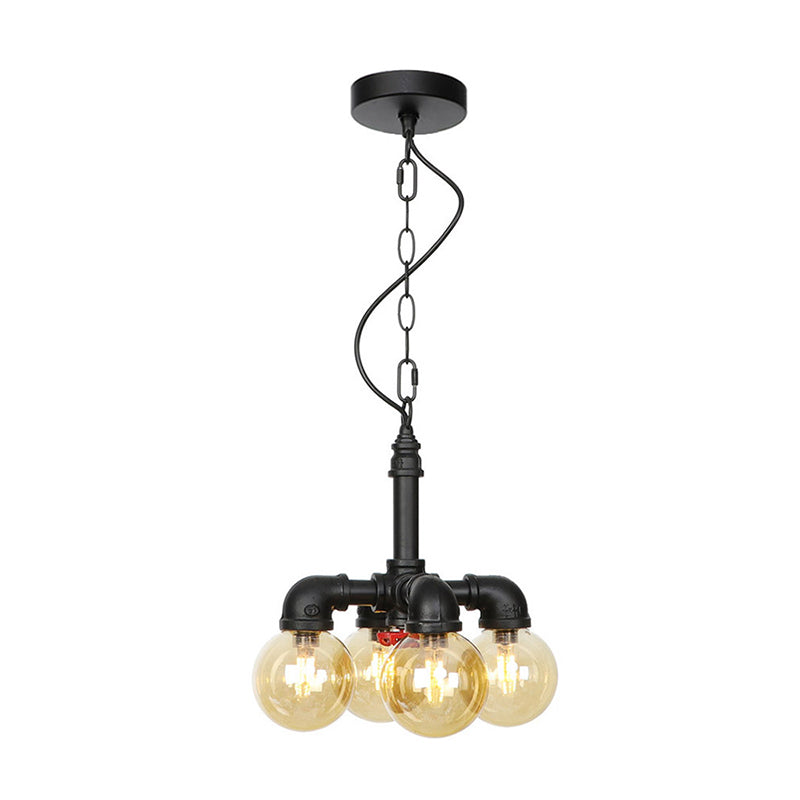 Ball Amber Glass Pendant Light Industrial 3/4 Lights Restaurant LED Ceiling Chandelier in Black with Pipe Arm 4 Black Clearhalo 'Ceiling Lights' 'Chandeliers' 'Glass shade' 'Glass' 'Industrial Chandeliers' 'Industrial' 'Middle Century Chandeliers' 'Pendant Lights' 'Tiffany' Lighting' 511160