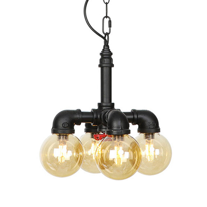 Ball Amber Glass Pendant Light Industrial 3/4 Lights Restaurant LED Ceiling Chandelier in Black with Pipe Arm Clearhalo 'Ceiling Lights' 'Chandeliers' 'Glass shade' 'Glass' 'Industrial Chandeliers' 'Industrial' 'Middle Century Chandeliers' 'Pendant Lights' 'Tiffany' Lighting' 511161