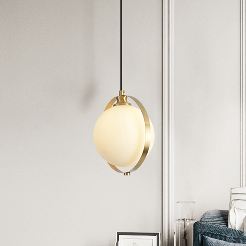 Global Suspended Pendant Light Simple White Frosted Glass 1 Bulb Bedside Hanging Ceiling Lamp with Brass Ring Clearhalo 'Ceiling Lights' 'Glass shade' 'Glass' 'Modern Pendants' 'Modern' 'Pendant Lights' 'Pendants' Lighting' 512236