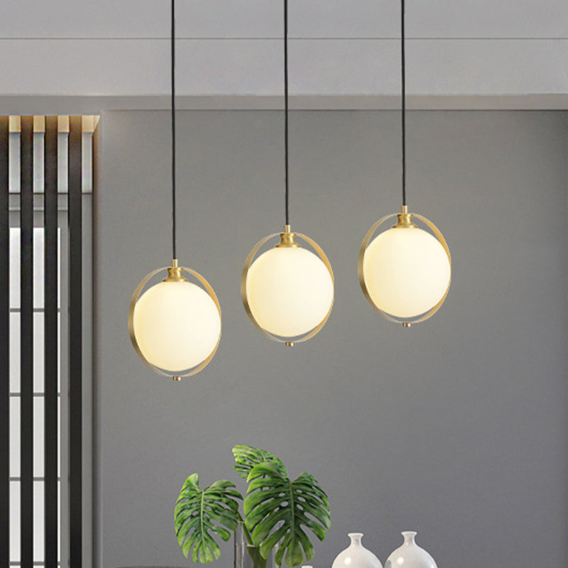 Global Suspended Pendant Light Simple White Frosted Glass 1 Bulb Bedside Hanging Ceiling Lamp with Brass Ring Clearhalo 'Ceiling Lights' 'Glass shade' 'Glass' 'Modern Pendants' 'Modern' 'Pendant Lights' 'Pendants' Lighting' 512237