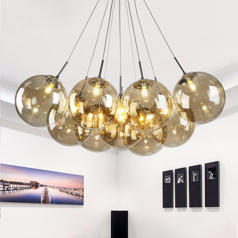 10 Lights Living Room Multi Light Pendant Modern Chrome LED Ceiling Lamp with Bubble Amber Glass Shade Amber Clearhalo 'Ceiling Lights' 'Chandeliers' 'Glass shade' 'Glass' 'Modern Pendants' 'Modern' 'Pendant Lights' 'Pendants' Lighting' 512292