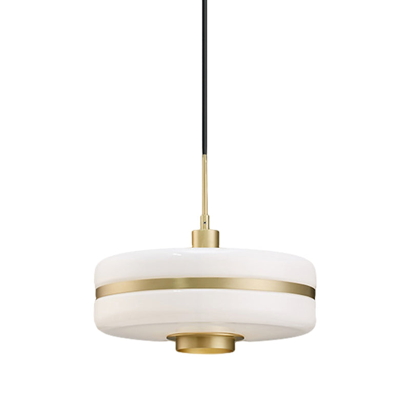 White Glass Drum Pendant Ceiling Light Modern 1 Light Gold Suspension Light for Living Room Clearhalo 'Ceiling Lights' 'Glass shade' 'Glass' 'Modern Pendants' 'Modern' 'Pendant Lights' 'Pendants' Lighting' 512806