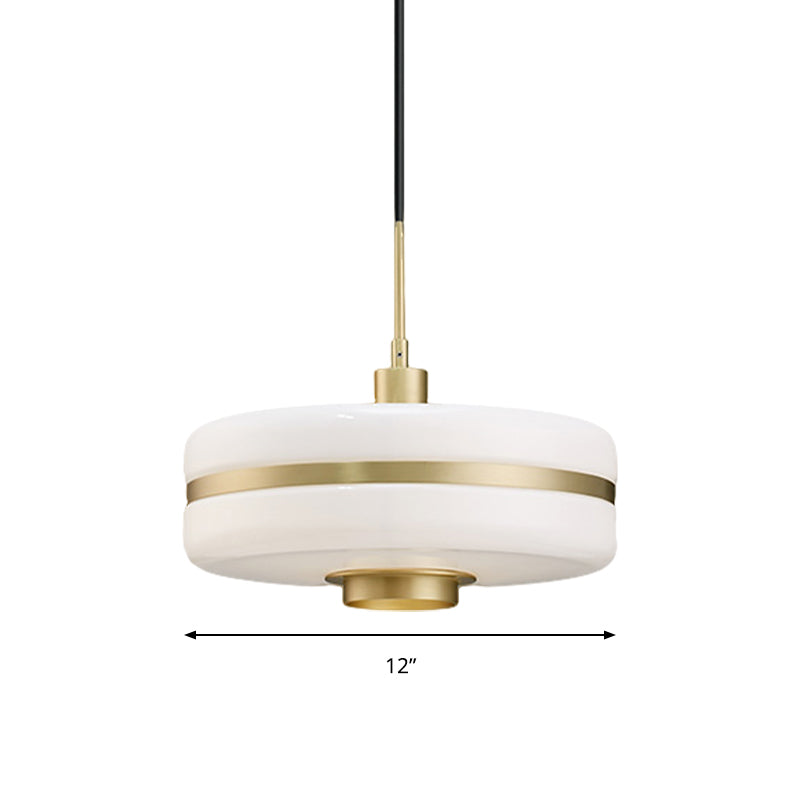 White Glass Drum Pendant Ceiling Light Modern 1 Light Gold Suspension Light for Living Room Clearhalo 'Ceiling Lights' 'Glass shade' 'Glass' 'Modern Pendants' 'Modern' 'Pendant Lights' 'Pendants' Lighting' 512808