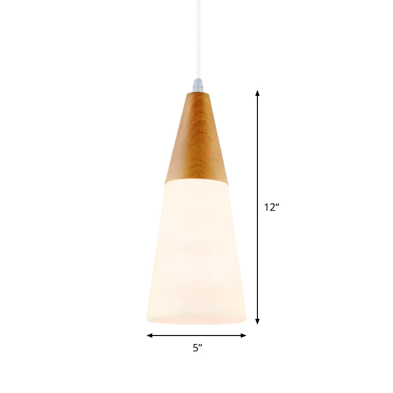 White Glass Cone Hanging Light Modern 1 Light Pendant Light Fixture with Wood Cap Clearhalo 'Ceiling Lights' 'Glass shade' 'Glass' 'Modern Pendants' 'Modern' 'Pendant Lights' 'Pendants' Lighting' 512833