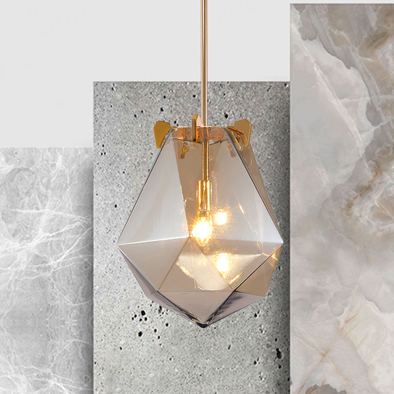 1 Light Bedroom Pendant Lamp Modern Smoke Gray/Cognac Hanging Light with Geometric Glass Shade, 10