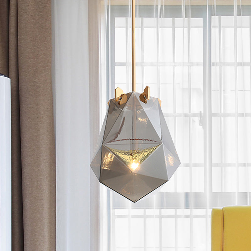 1 Light Bedroom Pendant Lamp Modern Smoke Gray/Cognac Hanging Light with Geometric Glass Shade, 10