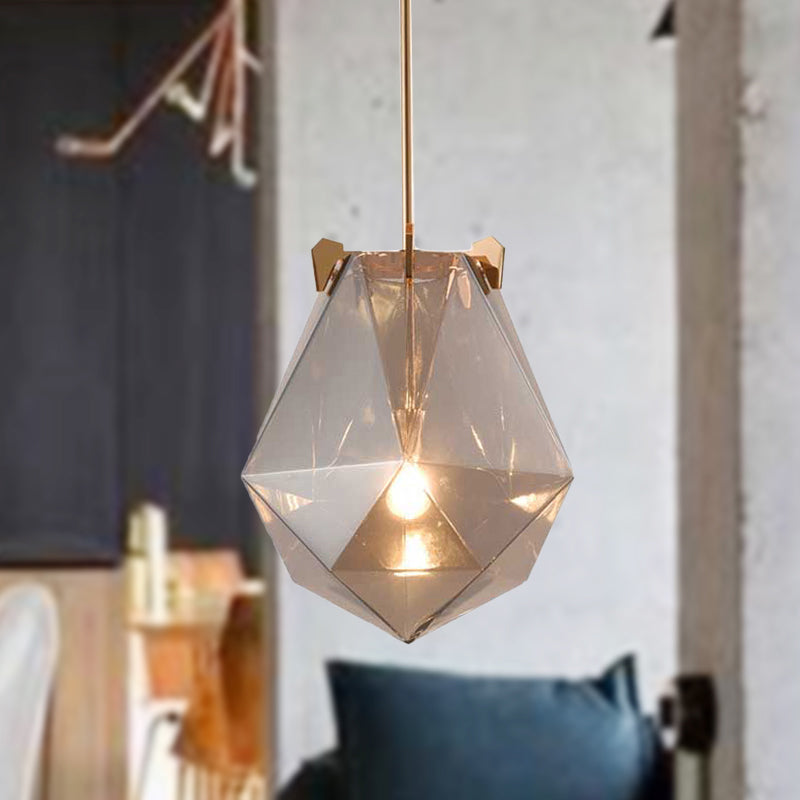 1 Light Bedroom Pendant Lamp Modern Smoke Gray/Cognac Hanging Light with Geometric Glass Shade, 10