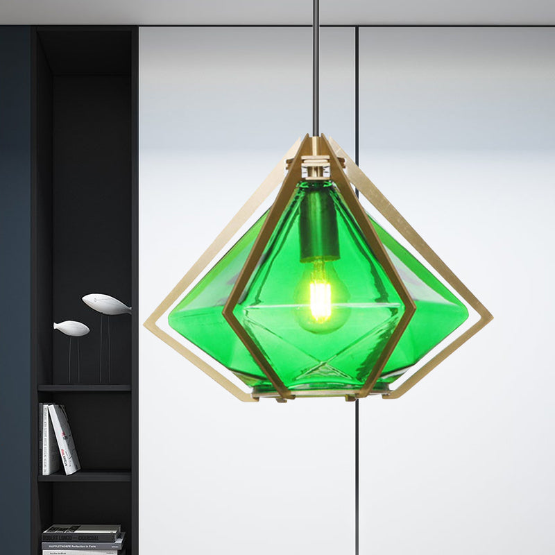 Diamond Office Room Pendant Light Green/White Glass 5