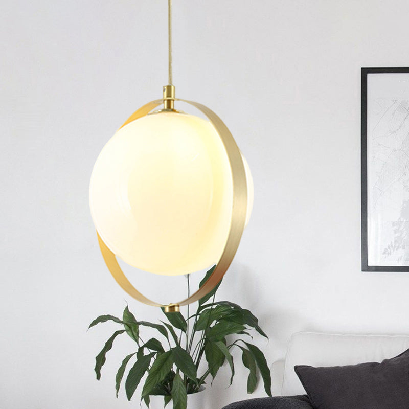 Globe White Glass Hanging Light Kit Modern 1 Light Pendant Lighting with Brass Ring Brass Clearhalo 'Ceiling Lights' 'Glass shade' 'Glass' 'Modern Pendants' 'Modern' 'Pendant Lights' 'Pendants' Lighting' 513143