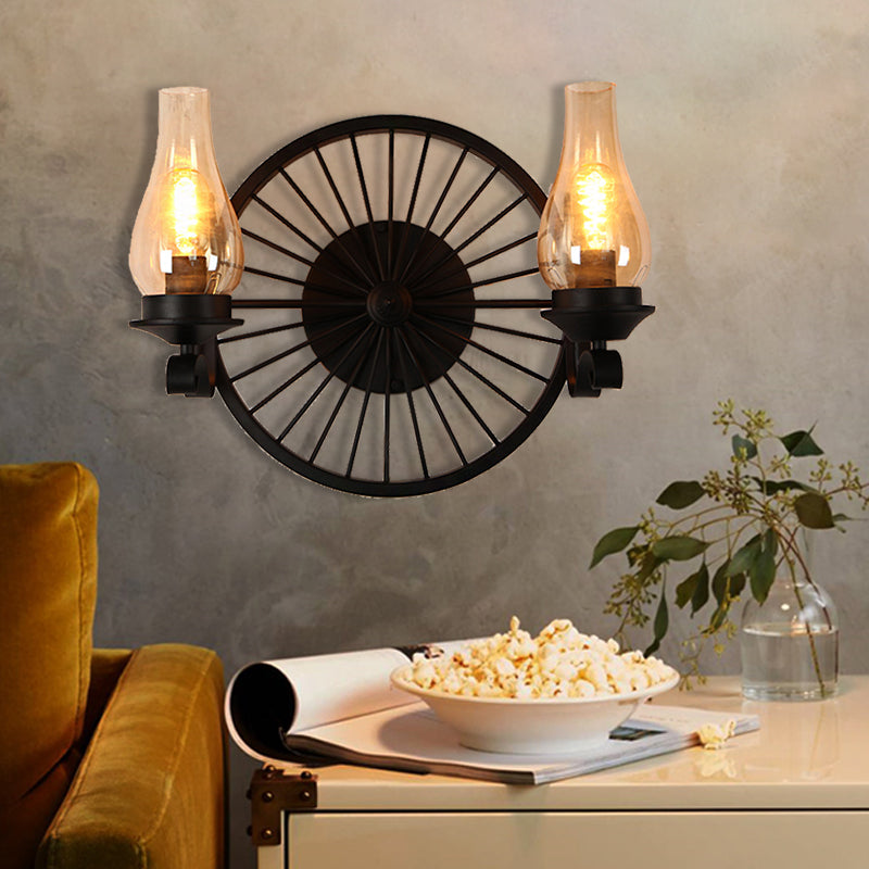 Vase Shade Dining Room Wall Light Fixture Coastal Amber Glass 1/2-Light Black Sconce Lamp with Wheel 2.0 Black Clearhalo 'Art deco wall lights' 'Cast Iron' 'Glass' 'Industrial wall lights' 'Industrial' 'Middle century wall lights' 'Modern' 'Rustic wall lights' 'Tiffany' 'Traditional wall lights' 'Wall Lamps & Sconces' 'Wall Lights' Lighting' 513173