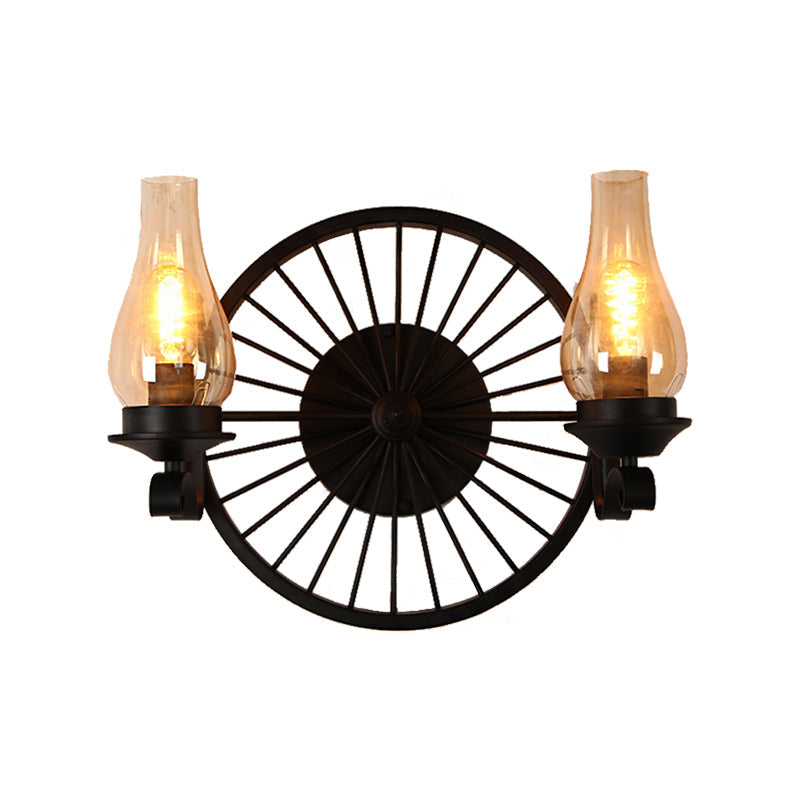 Vase Shade Dining Room Wall Light Fixture Coastal Amber Glass 1/2-Light Black Sconce Lamp with Wheel Clearhalo 'Art deco wall lights' 'Cast Iron' 'Glass' 'Industrial wall lights' 'Industrial' 'Middle century wall lights' 'Modern' 'Rustic wall lights' 'Tiffany' 'Traditional wall lights' 'Wall Lamps & Sconces' 'Wall Lights' Lighting' 513174
