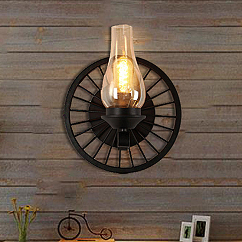 Vase Shade Dining Room Wall Light Fixture Coastal Amber Glass 1/2-Light Black Sconce Lamp with Wheel Clearhalo 'Art deco wall lights' 'Cast Iron' 'Glass' 'Industrial wall lights' 'Industrial' 'Middle century wall lights' 'Modern' 'Rustic wall lights' 'Tiffany' 'Traditional wall lights' 'Wall Lamps & Sconces' 'Wall Lights' Lighting' 513177