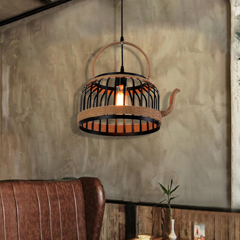 Black Teapot Pendant Ceiling Light Farmhouse Metal 1 Light Dining Room Hanging Lamp Clearhalo 'Art Deco Pendants' 'Black' 'Cast Iron' 'Ceiling Lights' 'Ceramic' 'Crystal' 'Industrial Pendants' 'Industrial' 'Metal' 'Middle Century Pendants' 'Pendant Lights' 'Pendants' 'Rustic Pendants' 'Tiffany' Lighting' 513295